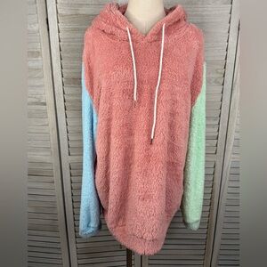 ZAFUL Men's Colorblock Fluffy Pullover Hoodie Sweatshirt Pink, Green, Blue-Large